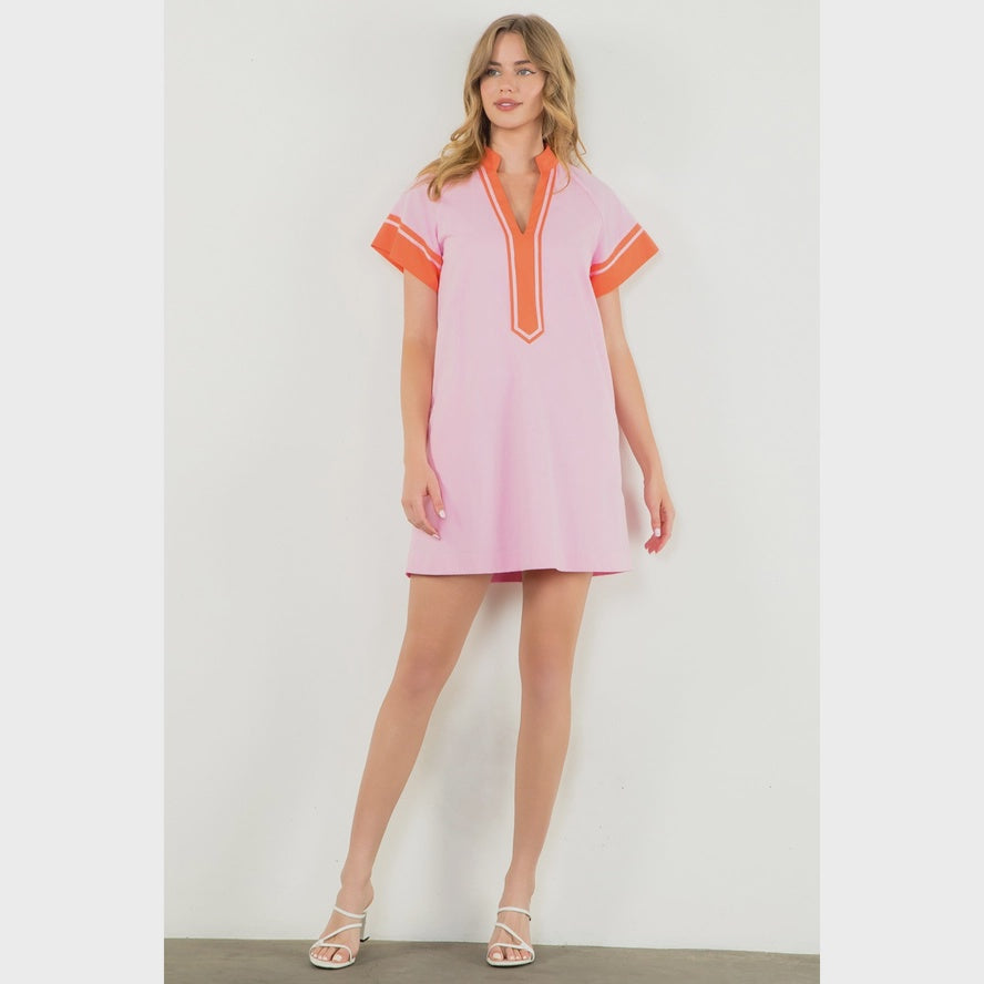 WOMENS V NECK DRESS WITH DETAIL IN PINK