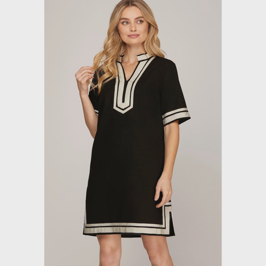 WOMENS WOVEN DRESS WITH DETAIL IN BLACK