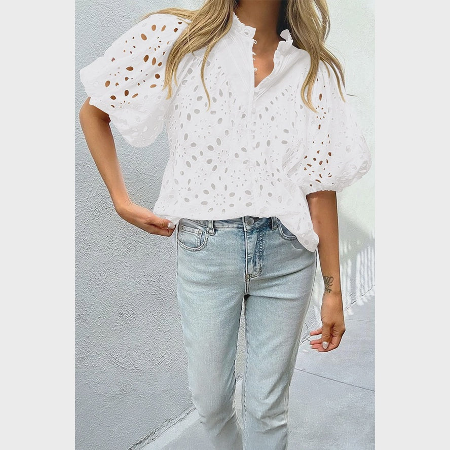 WOMENS PUFF SLEEVE LACE TOP