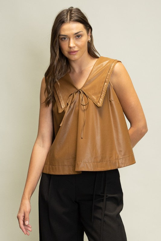 WOMENS FAUX LEATHER COLLAR DETAIL TOP