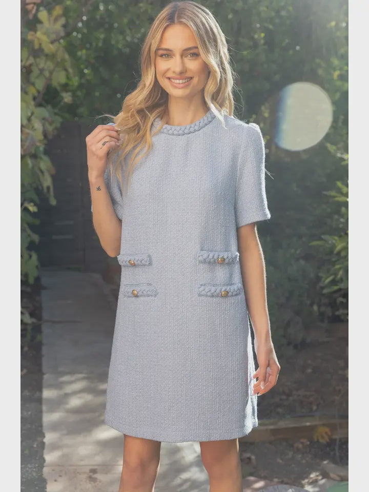 WOMENS DOUBLE POCKET TWEED DRESS IN POWDER BLUE Lavender Lane WOMENS DOUBLE POCKET TWEED DRESS IN POWDER BLUE Lavender Lane