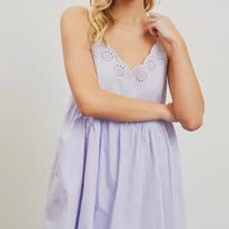 WOMENS EYELET BABYDOLL DRESS IN LILAC