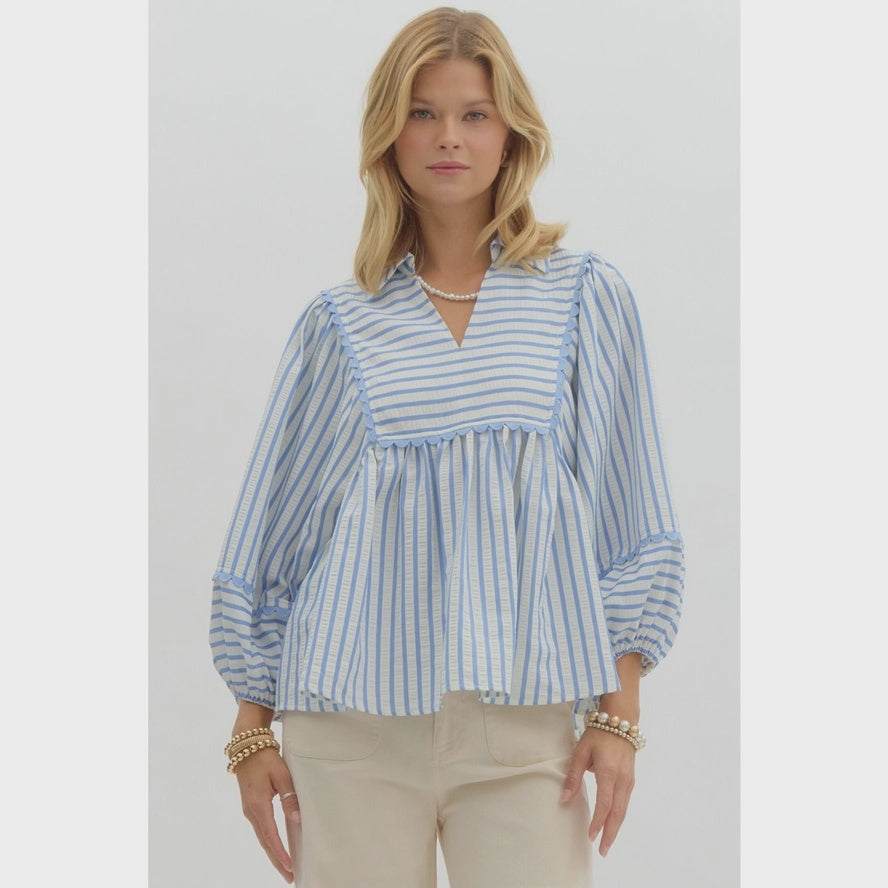 WOMENS STRIPED COLLARED TOP IN BLUE