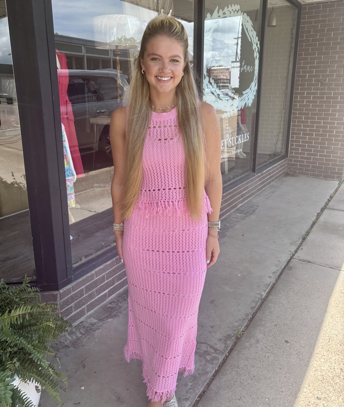 WOMENS FRINGE KNIT SET IN PINK