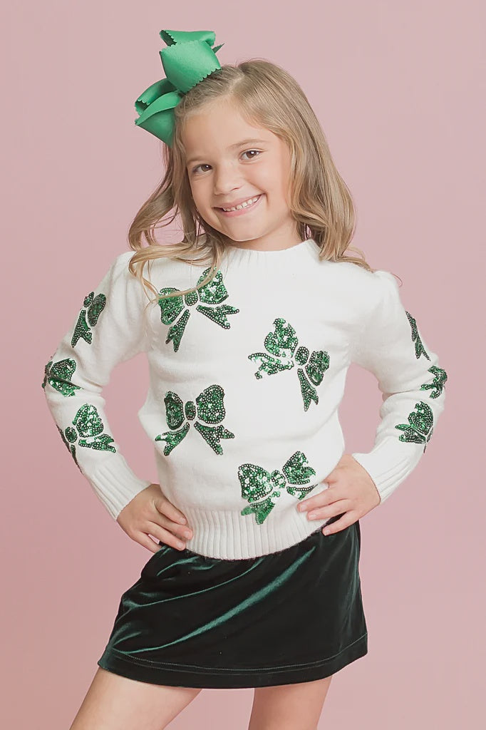 CHILDRENS GREEN SEQUIN BOW SWEATER