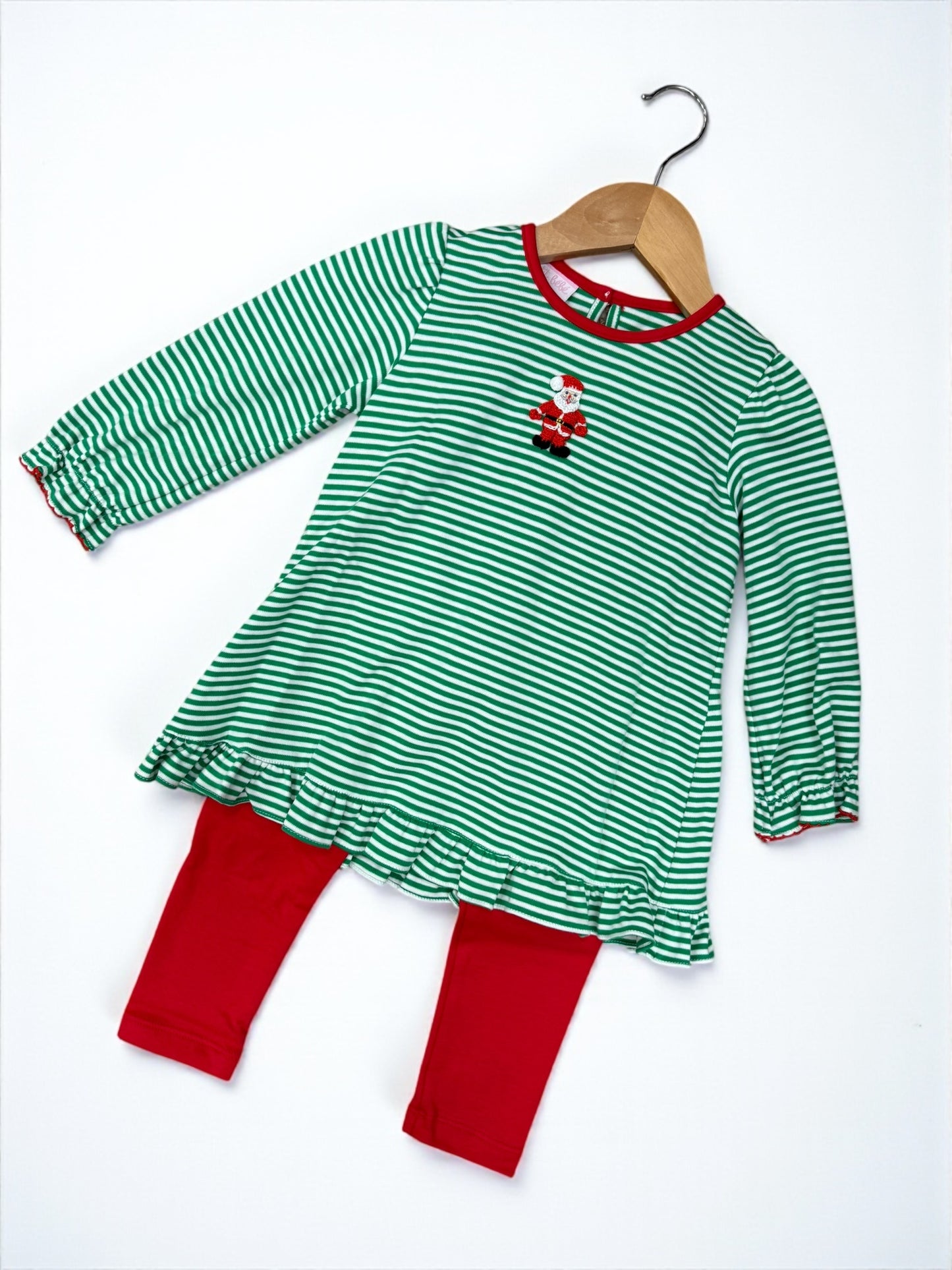 CHILDRENS SANTA GREEN STRIPE TUNIC SET