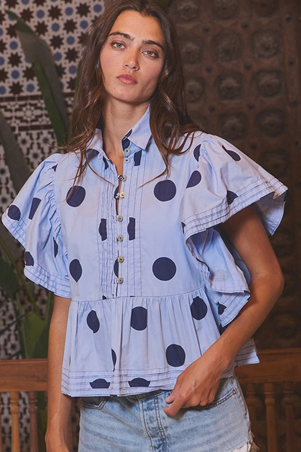 WOMENS POLKA DOT TOP WITH RUFFLE SLEEVE