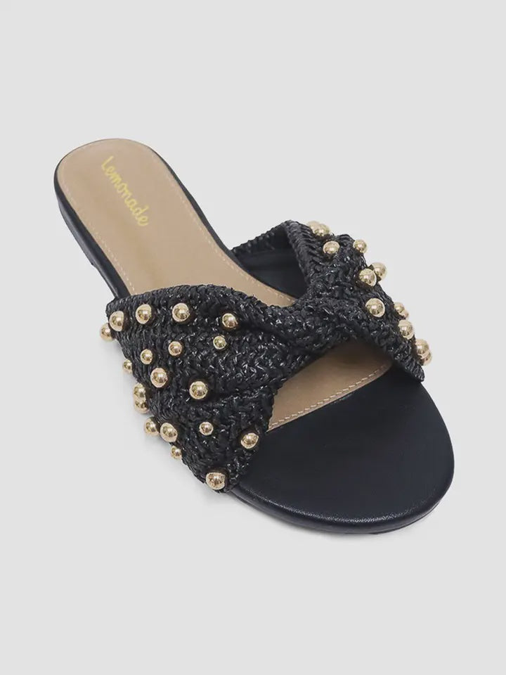 WOMENS RAFIA BEADED SLIDE IN BLACK