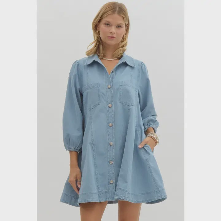 WOMENS DENIM COLLARED MINI DRESS