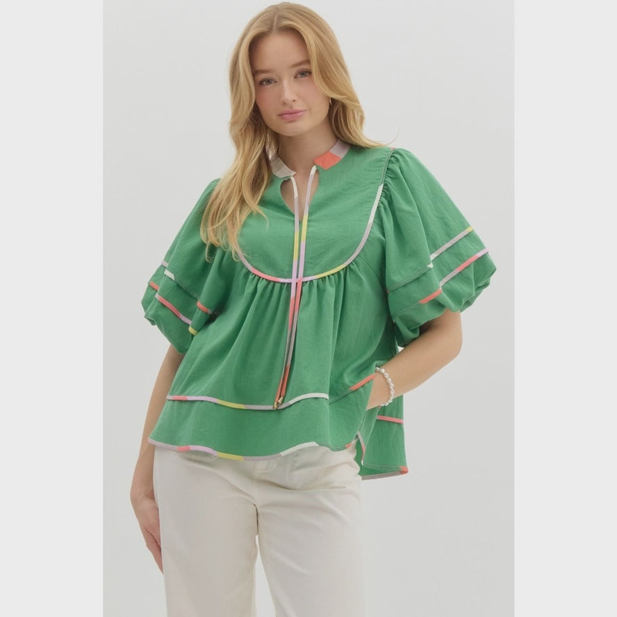 WOMENS PUFF SLEEVE TOP WITH PIPING