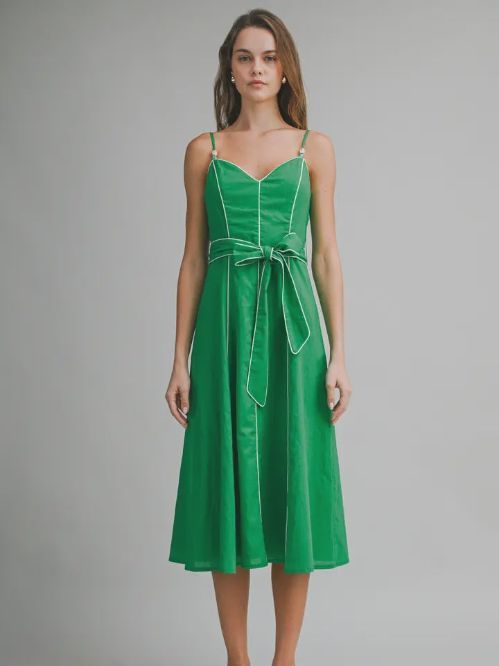 WOMENS PIPED MIDI DRESS IN EMERALD