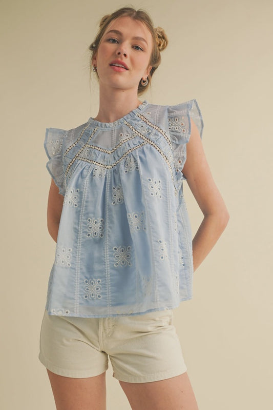 WOMENS LACE TRIM TOP WITH FLUTTER SLEEVE