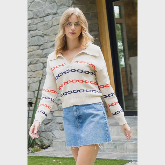 WOMENS COLLARED CHAIN SWEATER