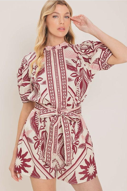 WOMENS PRINTED ROMPER IN WINE