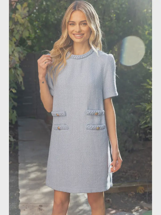 WOMENS DOUBLE POCKET TWEED DRESS IN POWDER BLUE