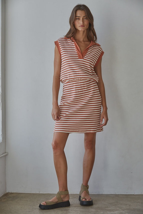 WOMENS KNIT STRIPED POLO DRESS