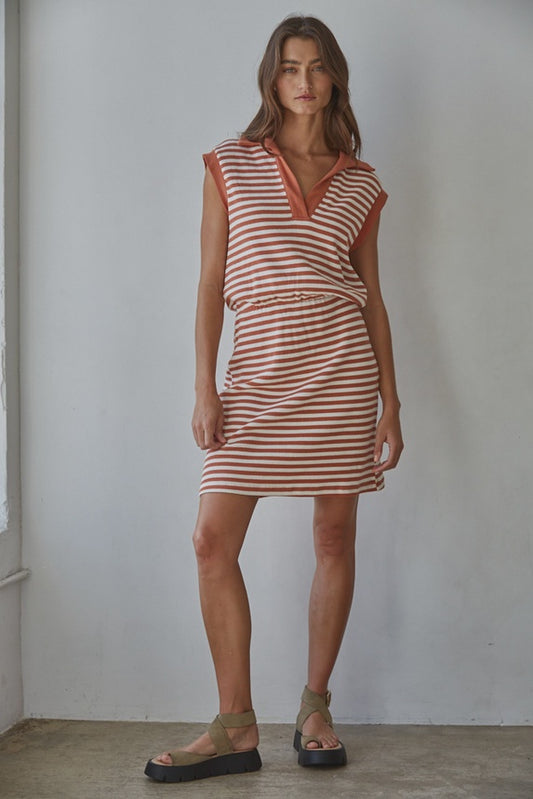 WOMENS KNIT STRIPED POLO DRESS