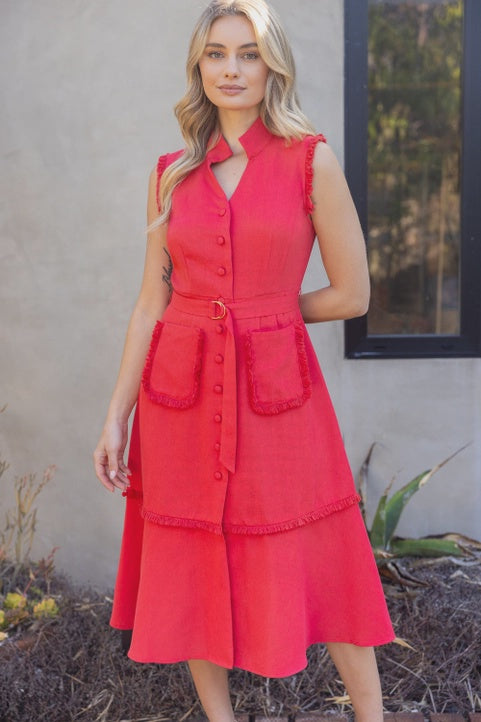 WOMENS  MIDI BUTTON DOWN DRESS WITH FRINGE DETAIL