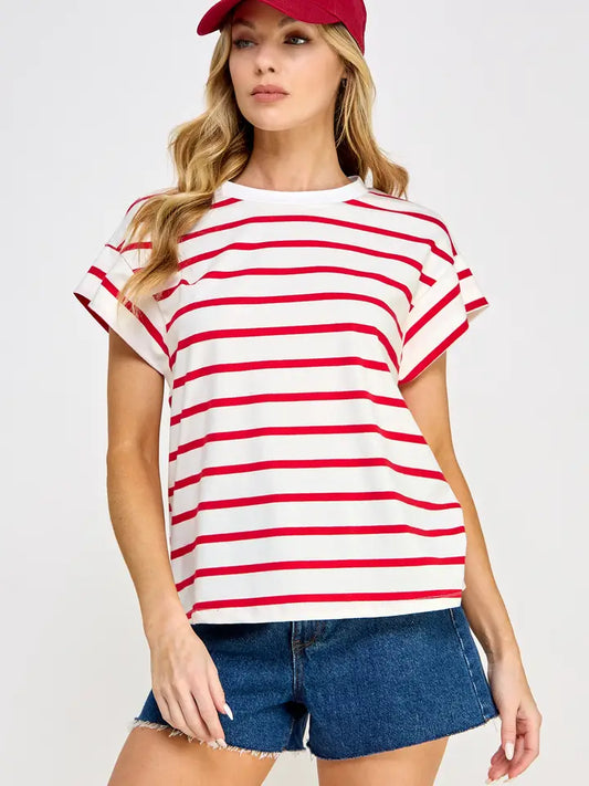 WOMENS STRIPED TEE IN RED