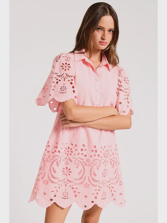 WOMENS EMBROIDERED SCALLOPED DRESS IN BABY PINK