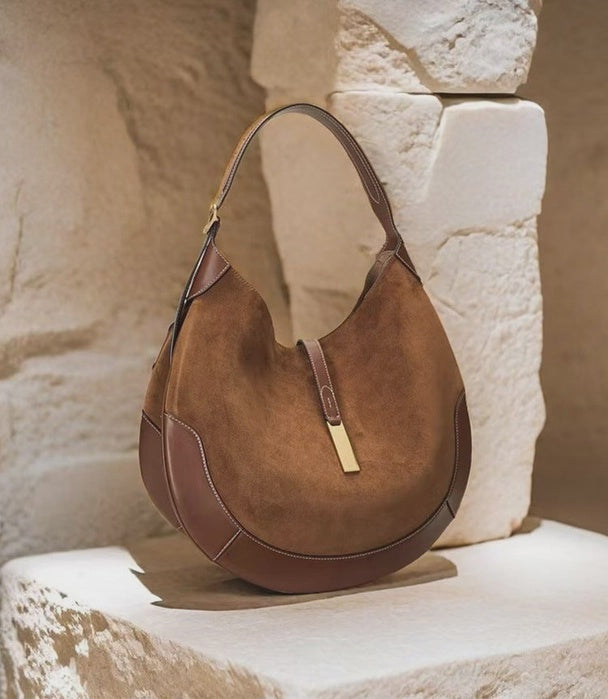 WOMENS SPLIT SUEDE HANDBAG WITH GOLD DETAIL