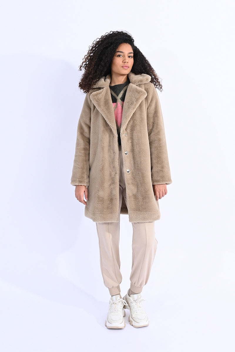 WOMENS Beige Long Faux  Fur Coat