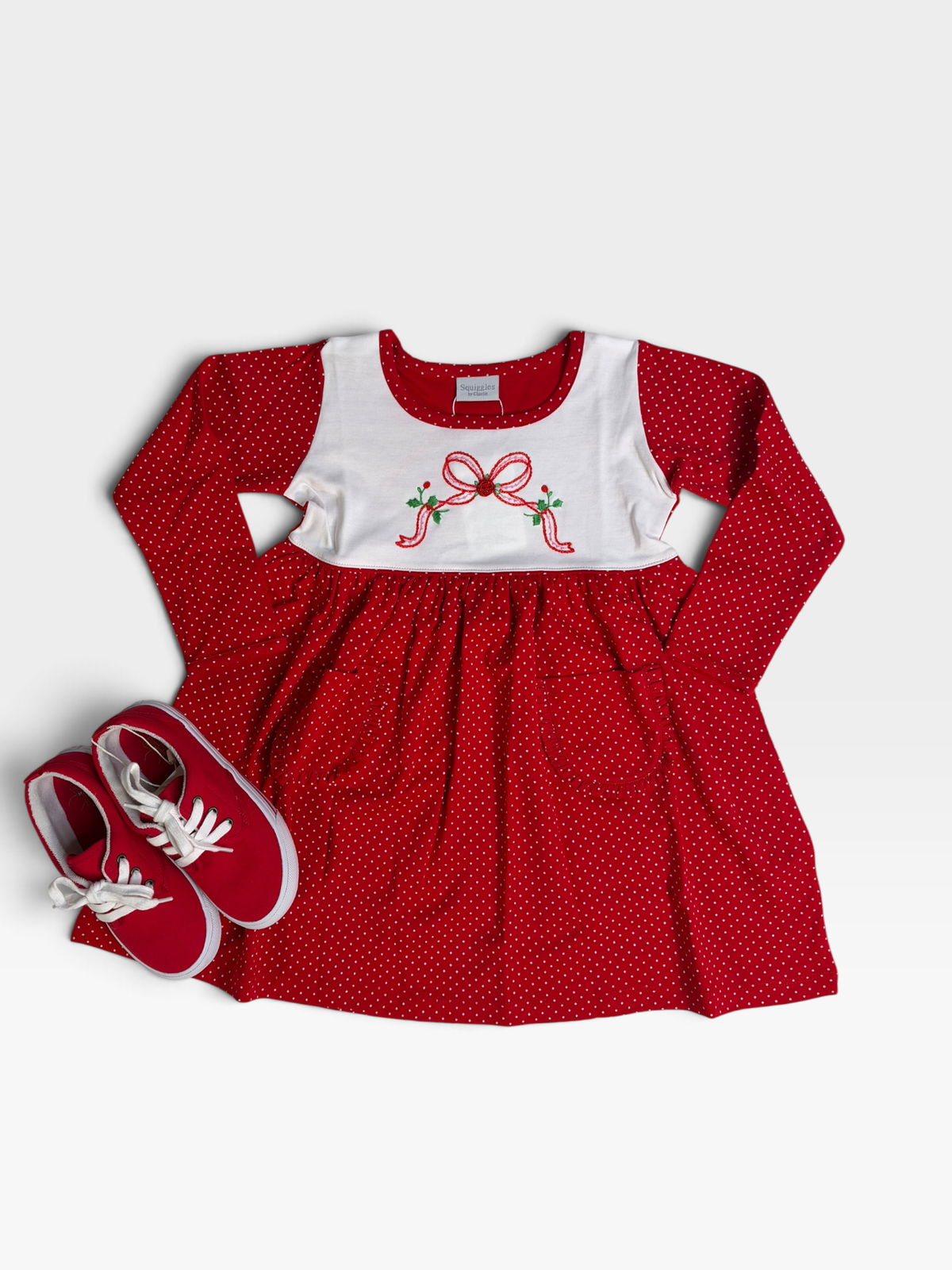 CHILDRENS BOW LS POP OVER DRESS