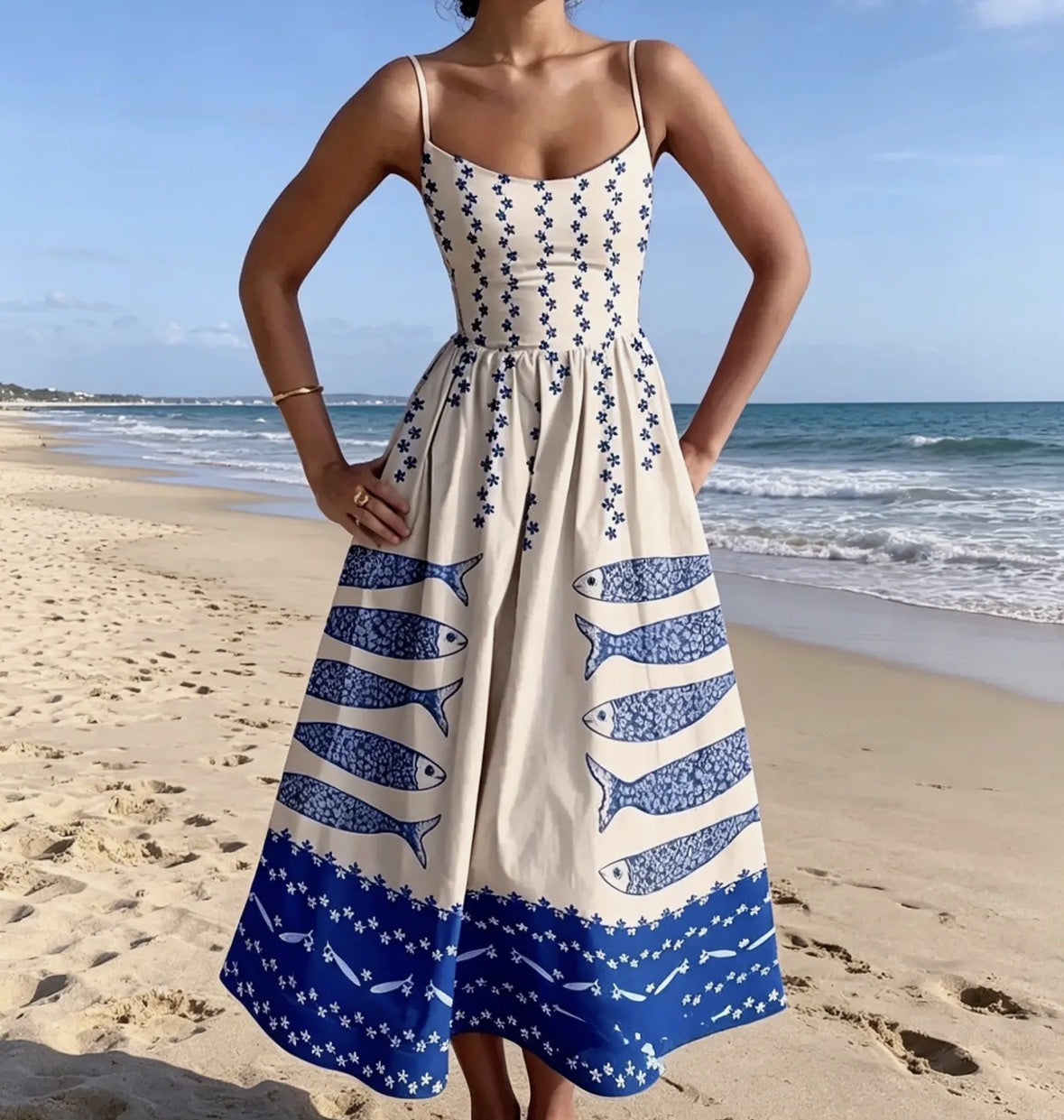 WOMENS OCEAN PRINT DRESS IN BLUE AND WHITE