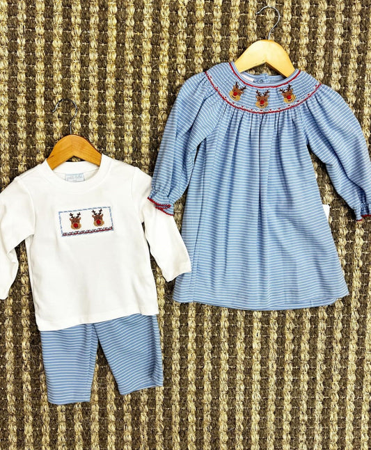 Childrens Blue Stripe Reindeer Dress