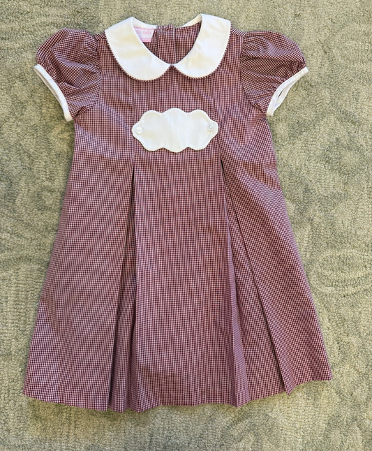 CHILDRENS MAROON GINGHAM TAB DRESS