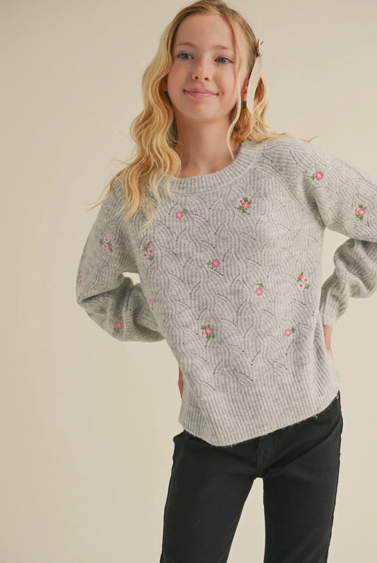 Childrens Tween Raglan Sweater with Flowers