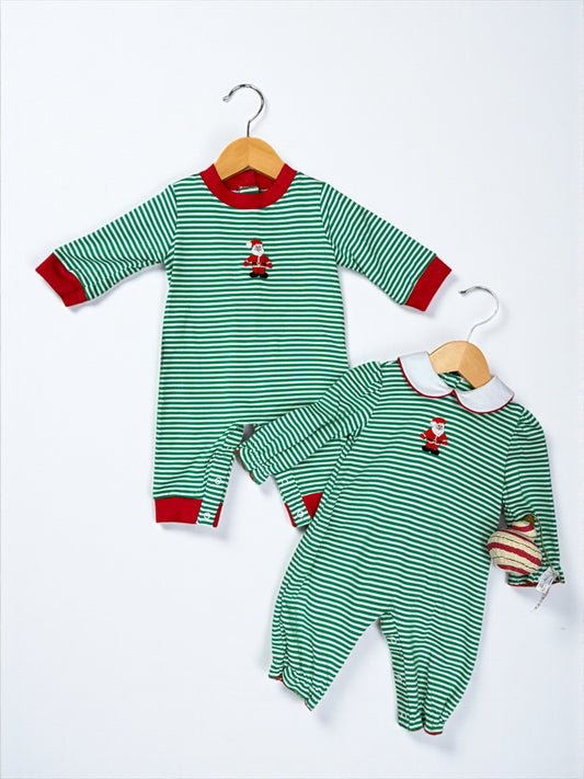 CHILDRENS SANTA GREEN STRIPE ROMPER