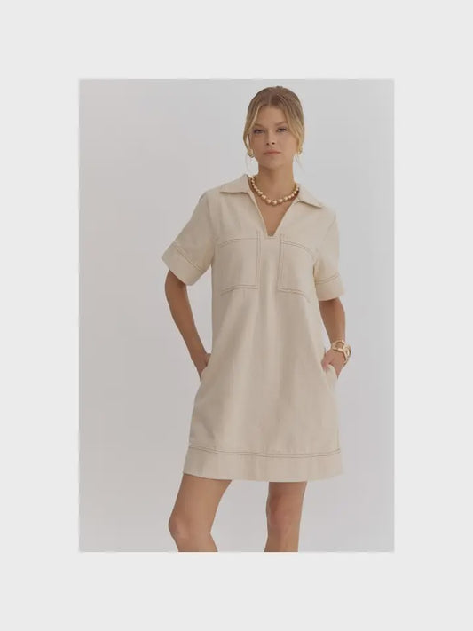 WOMENS DENIM COLLARED MINI DRESS IN SAND