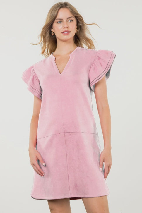 WOMENS FLUTTER SLEEVE SUEDE DRESS IN PINK