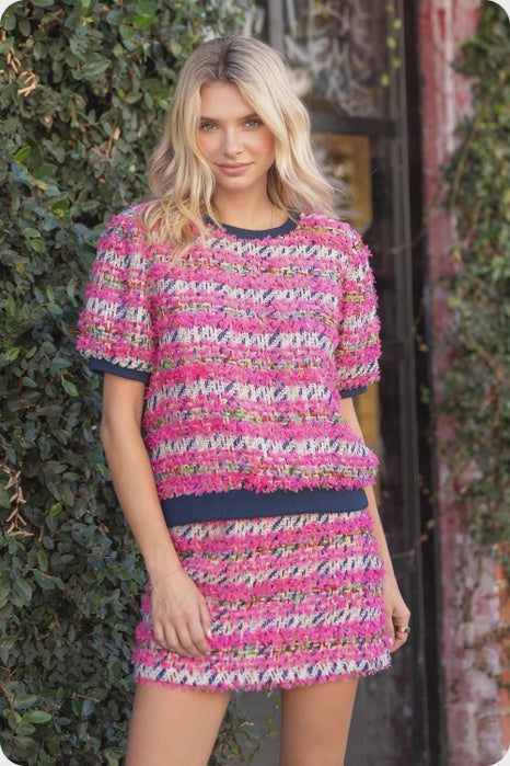 WOMENS TWEED CONTRAST TOP IN FUSCHIA