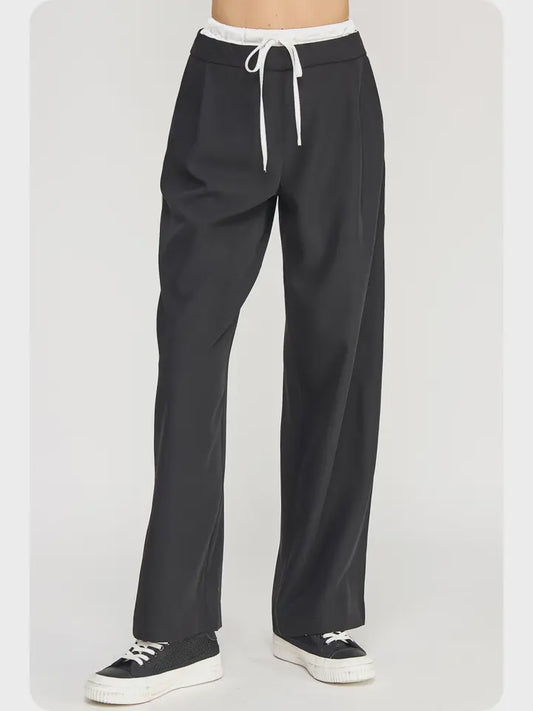 WOMENS PIPING DETAIL SATIN PANTS IN BLACK