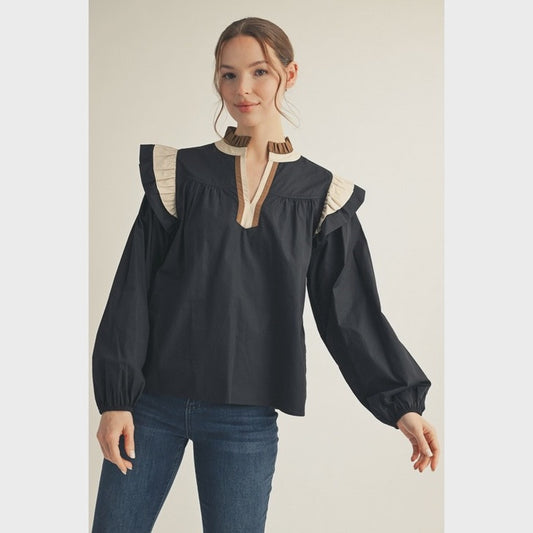 WOMENS COLORBLOCK BLOUSE WITH RUFFLE SHOULDER