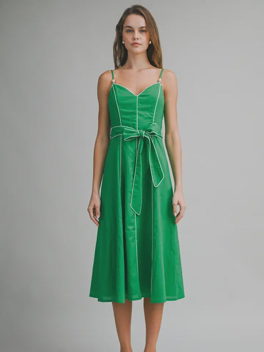 WOMENS PIPED MIDI DRESS IN EMERALD