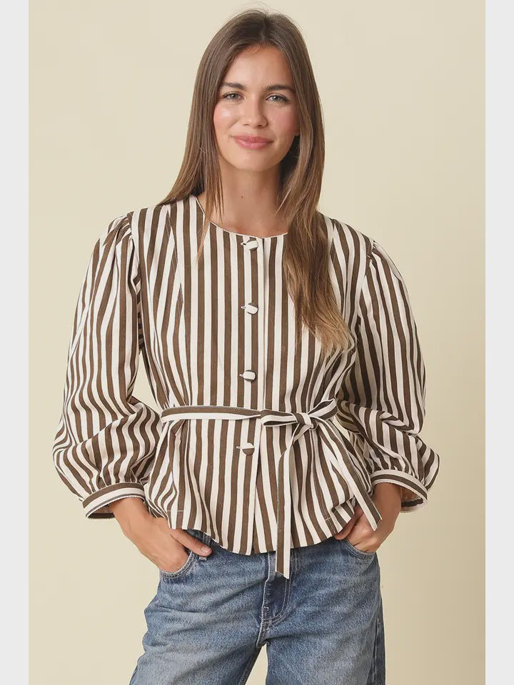 WOMENS STRIPED BELTED BLOUSE IN BROWN