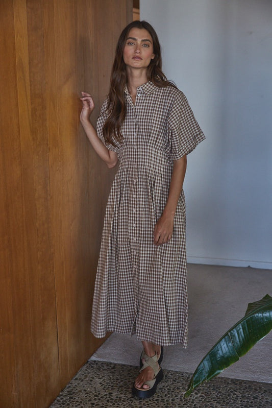 WOMENS GINGHAM MAXI DRESS IN BROWN