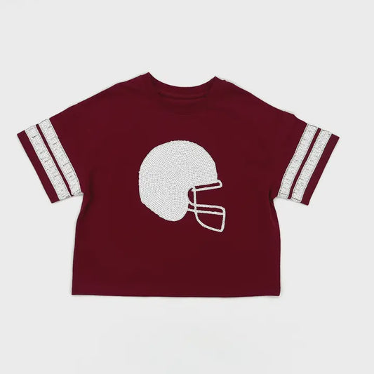 CHILDRENS MAROON SEQUIN FOOTBALL TOP