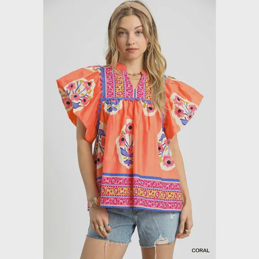 WOMENS FLORAL EMBROIDERED BLOUSE