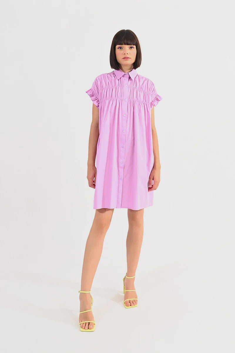 WOMENS GATHERED SHIRT DRESS IN LILAC