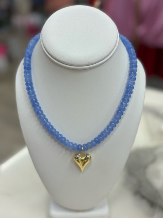 WOMENS BLUE BEADED NECKLACE WITH PUFF HEART PENDANT